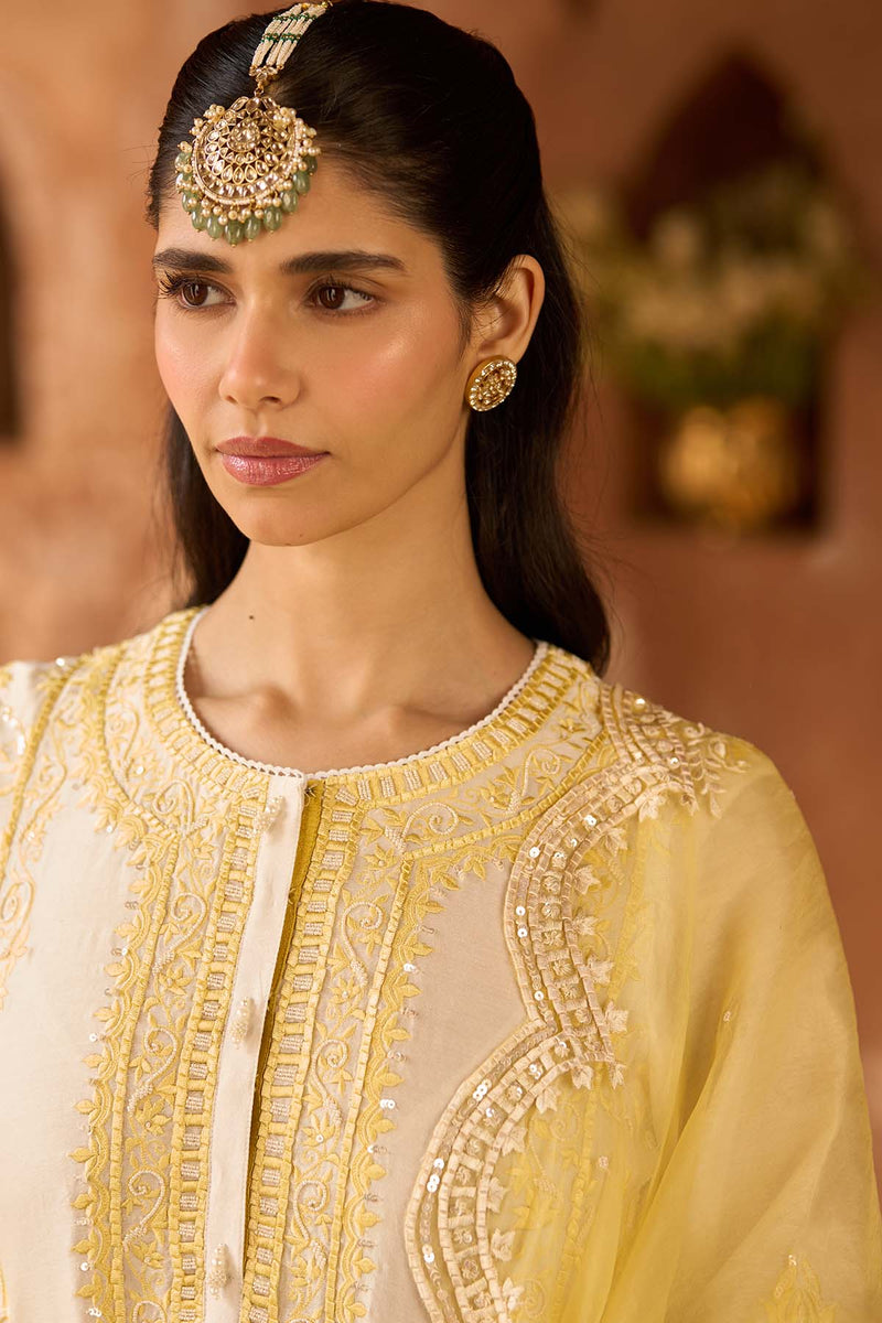 ENA - DAISY IVORY WITH LEMON YELLOW LONG A-LINE KURTA WITH PALAZZO AND DUPATTA