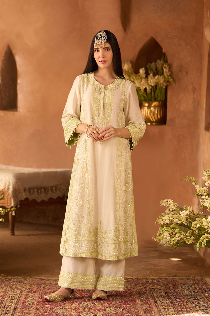 ENA - DAISY IVORY WITH MINT GREEN LONG A-LINE KURTA WITH PALAZZO AND DUPATTA