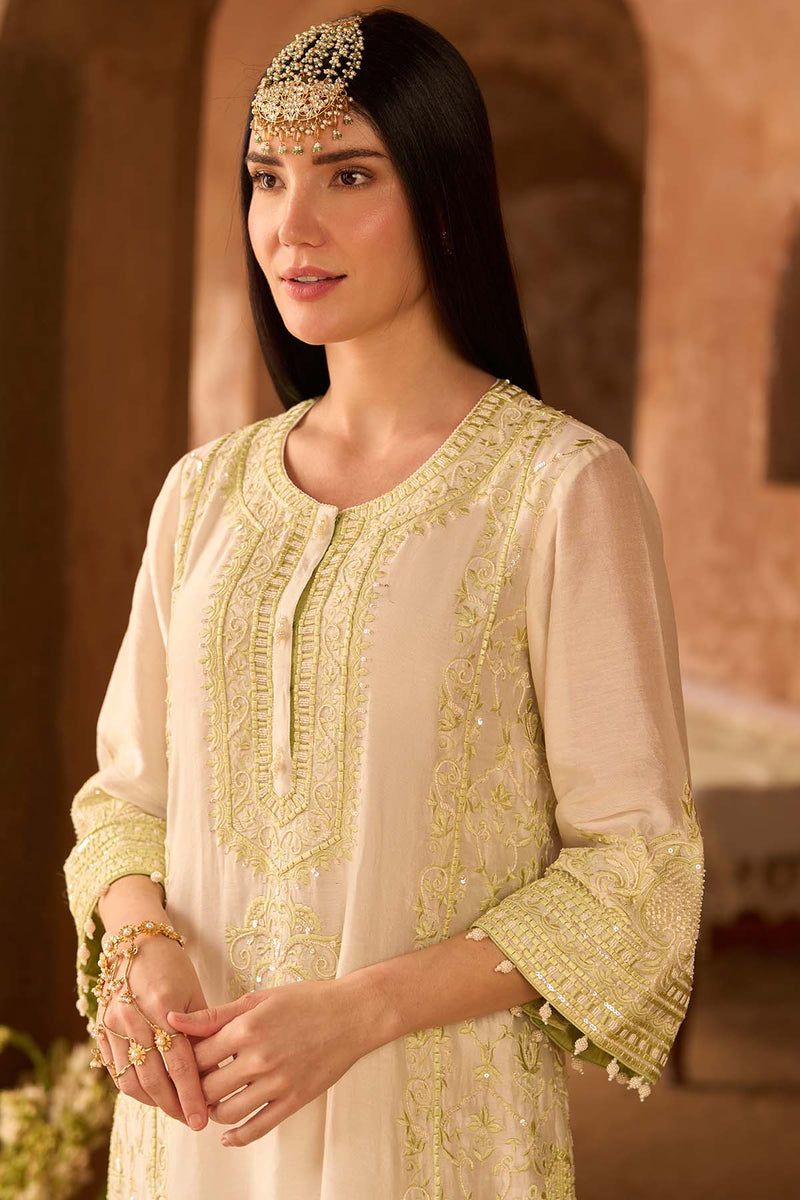 ENA - DAISY IVORY WITH MINT GREEN LONG A-LINE KURTA WITH PALAZZO AND DUPATTA