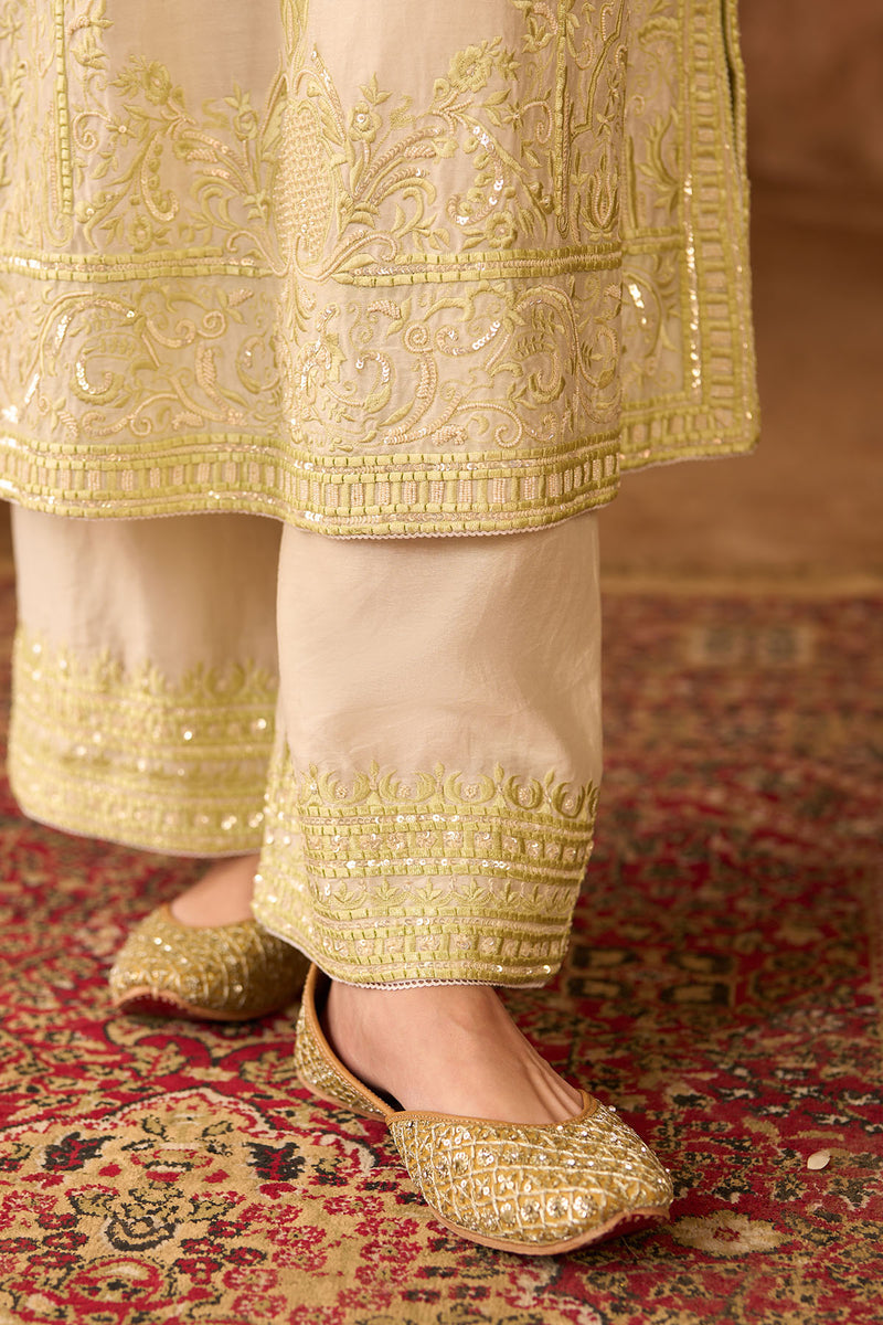 ENA - DAISY IVORY WITH MINT GREEN LONG A-LINE KURTA WITH PALAZZO AND DUPATTA