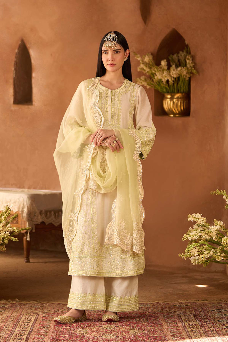 ENA - DAISY IVORY WITH MINT GREEN LONG A-LINE KURTA WITH PALAZZO AND DUPATTA
