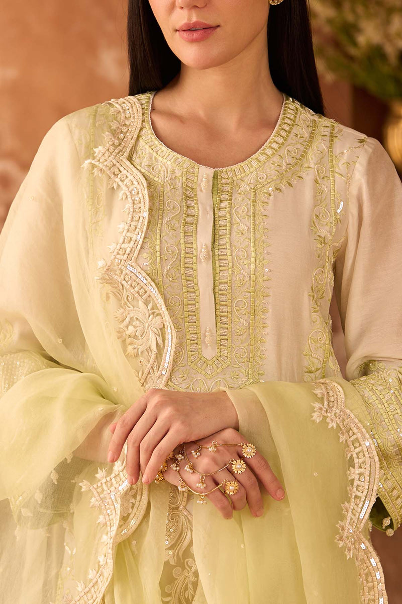 ENA - DAISY IVORY WITH MINT GREEN LONG A-LINE KURTA WITH PALAZZO AND DUPATTA