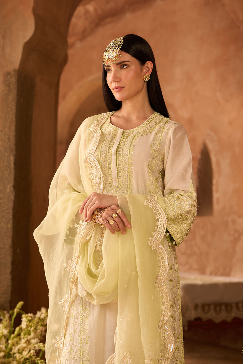 ENA - DAISY IVORY WITH MINT GREEN LONG A-LINE KURTA WITH PALAZZO AND DUPATTA