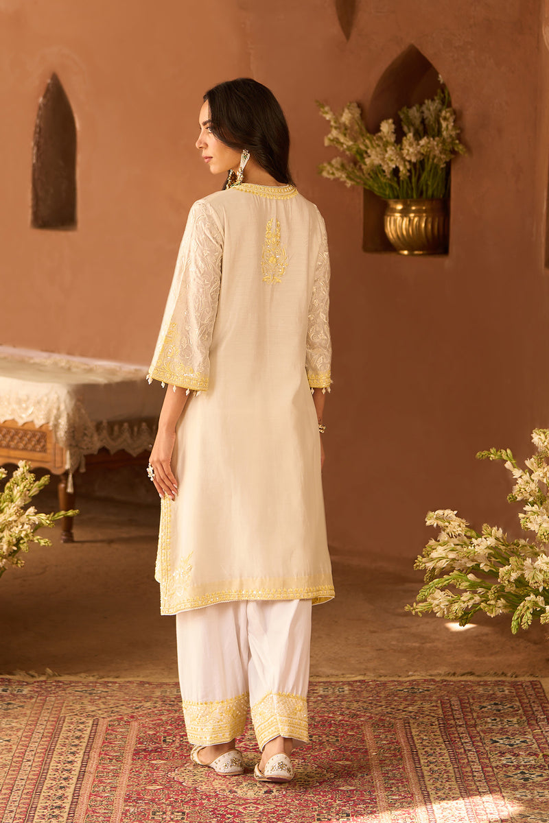 ANAM - DAISY IVORY WITH LEMON YELLOW A-LINE KURTA WITH SALWAR AND DUPATTA