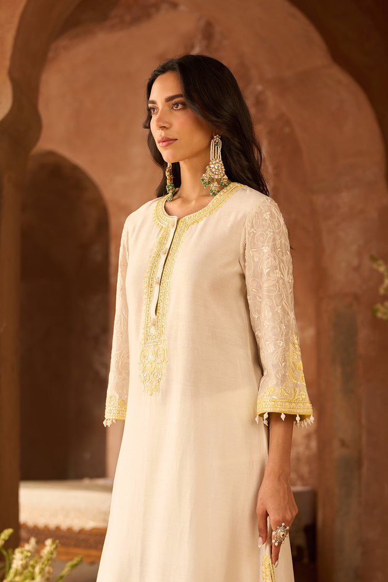 ANAM - DAISY IVORY WITH LEMON YELLOW A-LINE KURTA WITH SALWAR AND DUPATTA