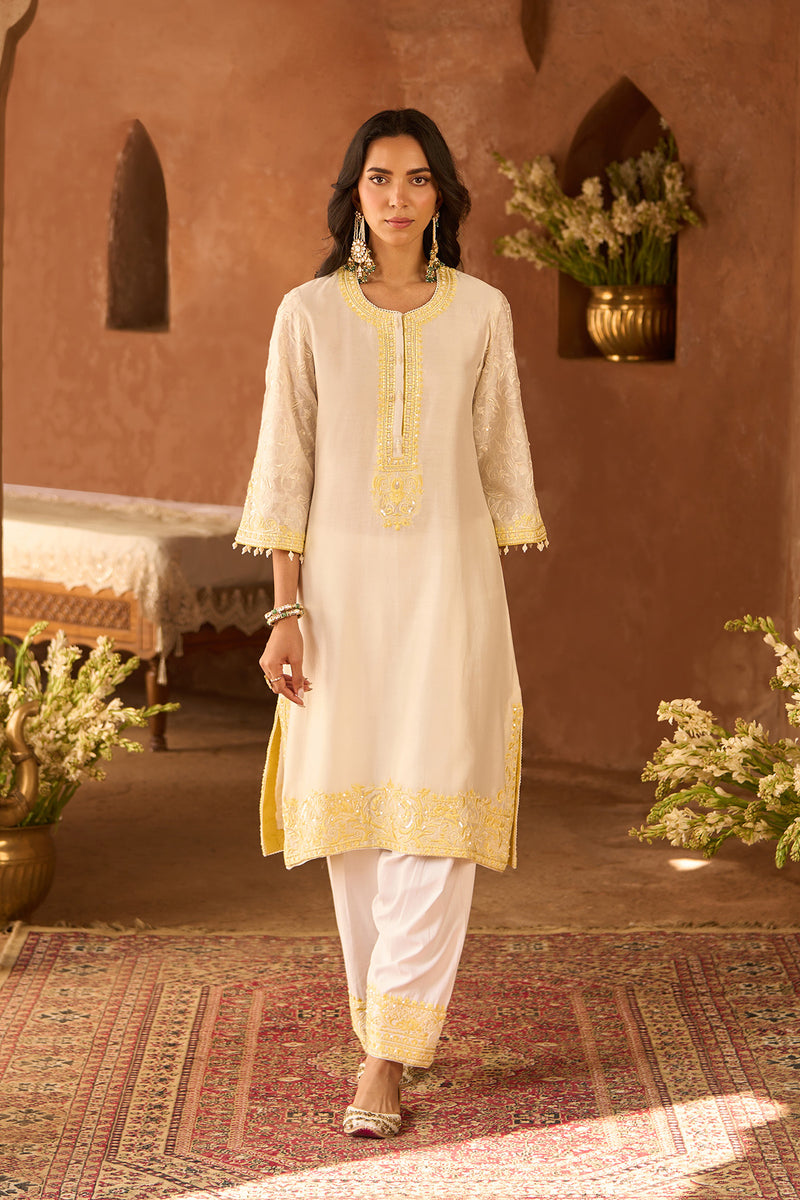 ANAM - DAISY IVORY WITH LEMON YELLOW A-LINE KURTA WITH SALWAR AND DUPATTA