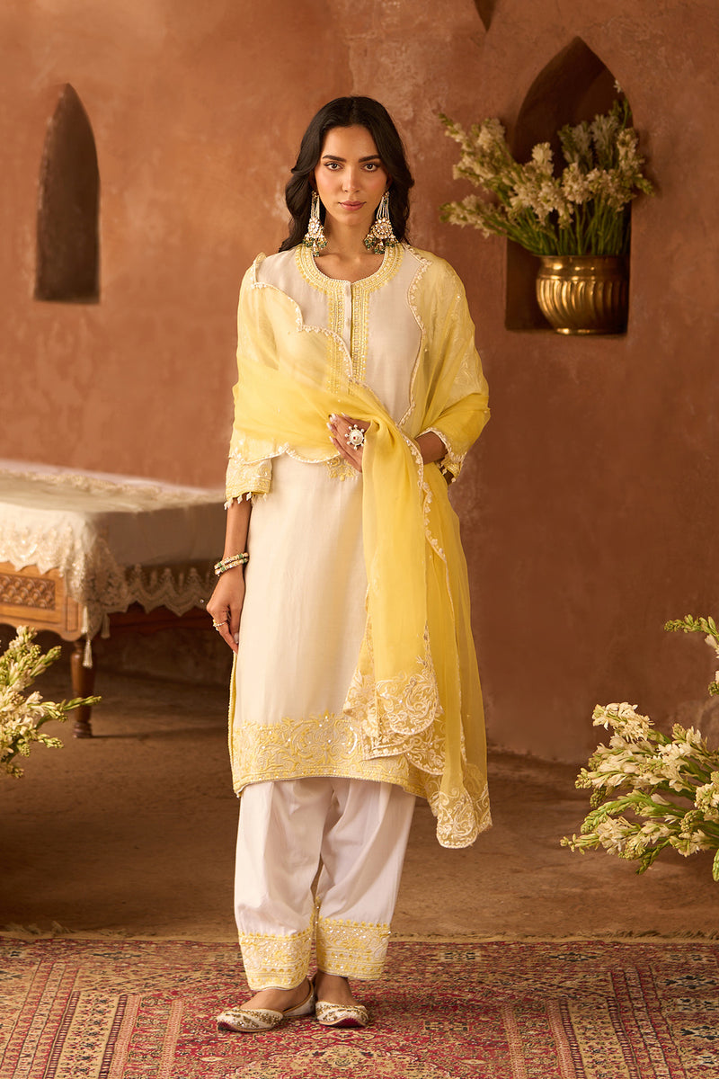 ANAM - DAISY IVORY WITH LEMON YELLOW A-LINE KURTA WITH SALWAR AND DUPATTA