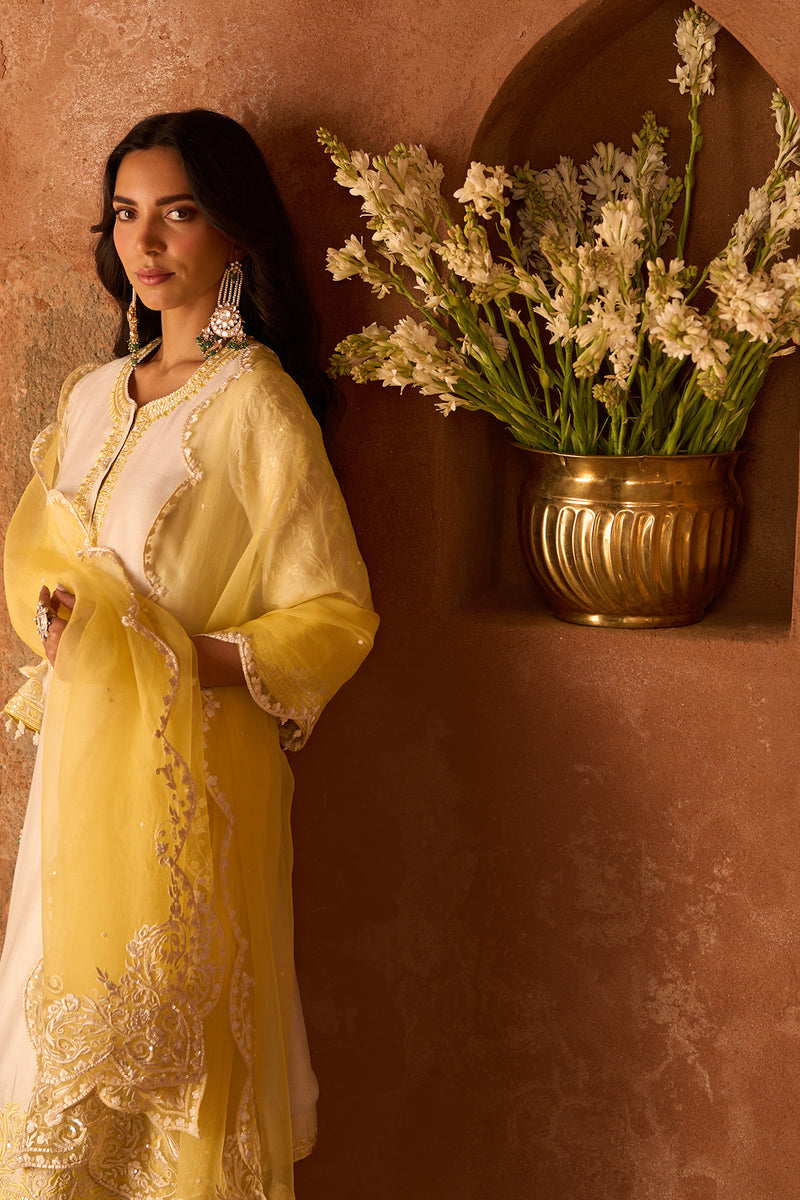 ANAM - DAISY IVORY WITH LEMON YELLOW A-LINE KURTA WITH SALWAR AND DUPATTA