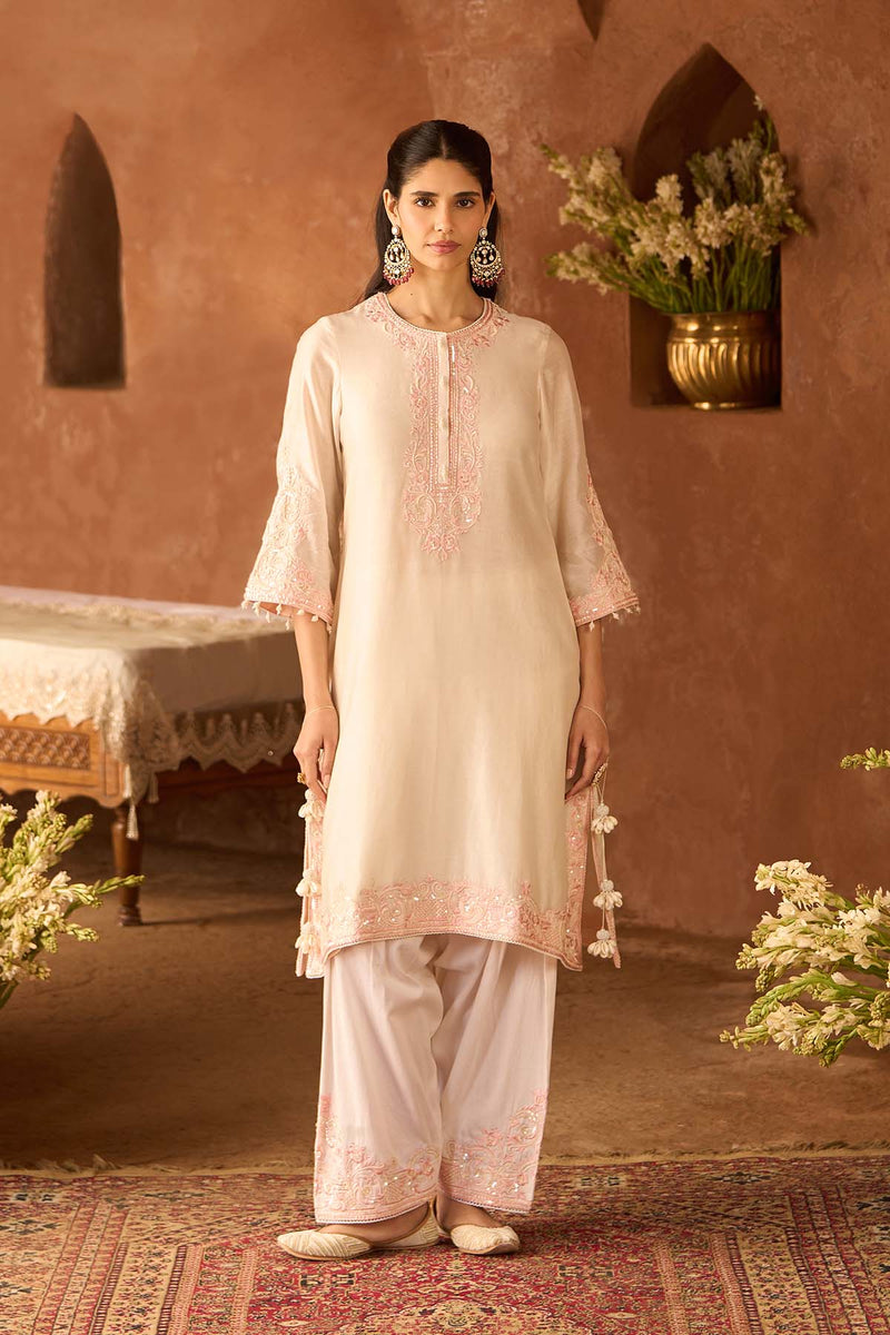 HANI - DAISY IVORY WITH PINK A-LINE KURTA WITH SALWAR AND DUPATTA