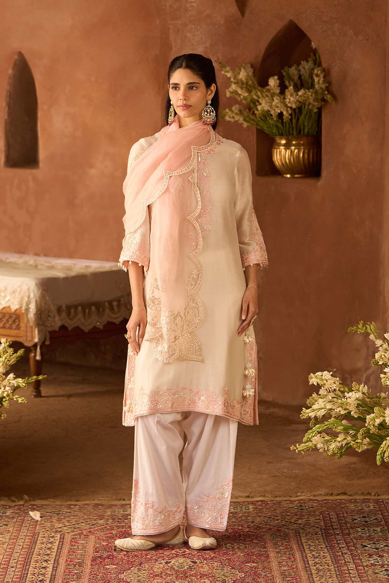 HANI - DAISY IVORY WITH PINK A-LINE KURTA WITH SALWAR AND DUPATTA