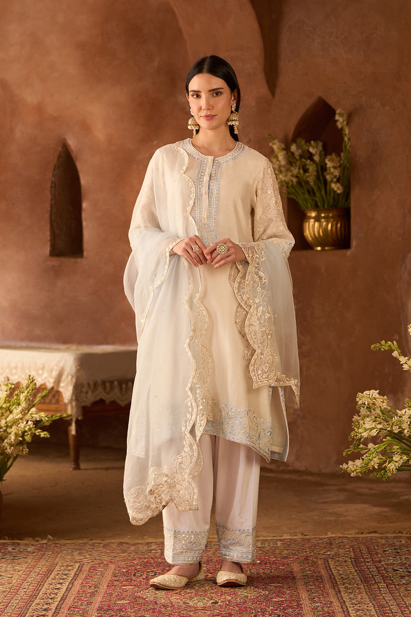 ANAM - DAISY IVORY WITH BLUE A-LINE KURTA WITH SALWAR AND DUPATTA