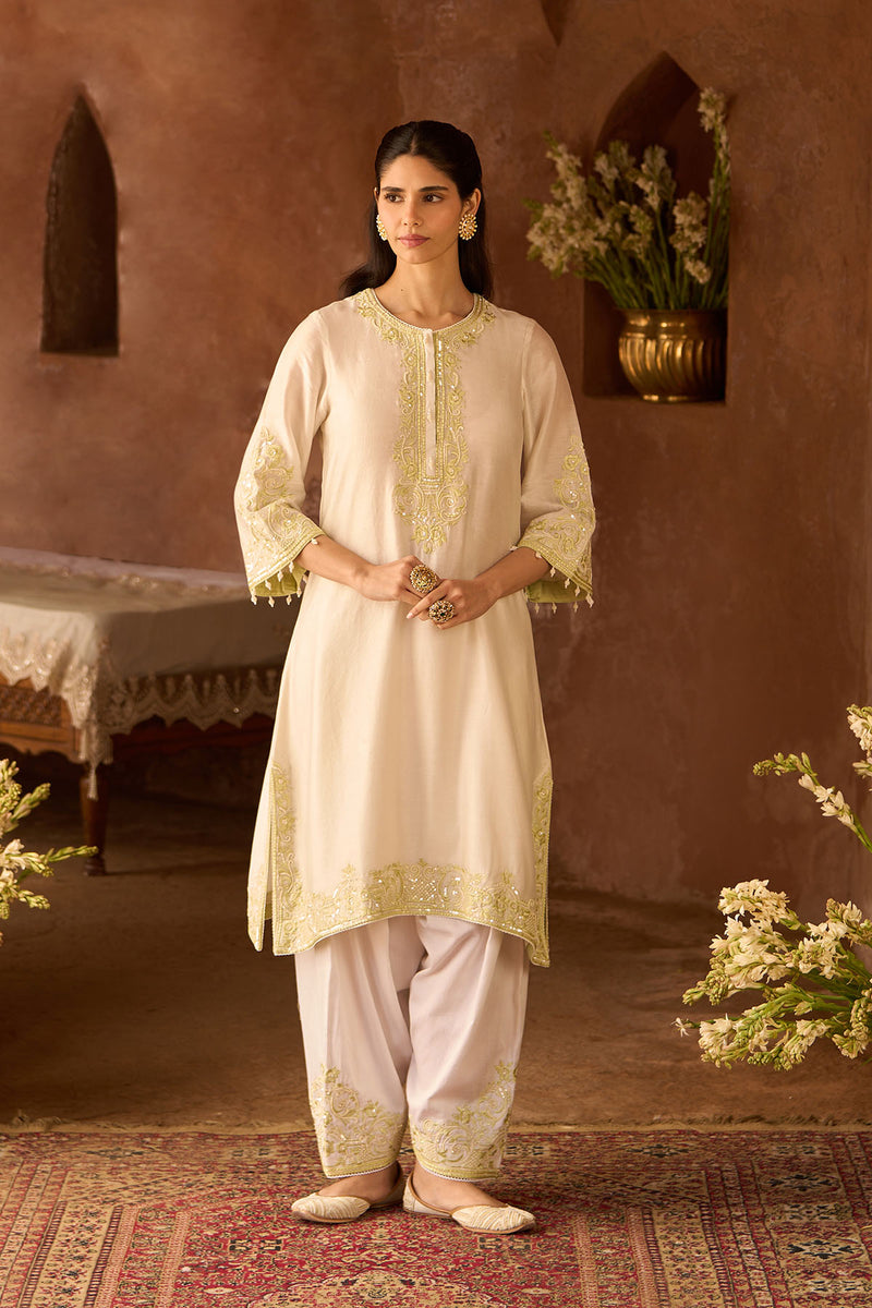 HANI - DAISY IVORY WITH MINT GREEN A-LINE KURTA WITH SALWAR AND DUPATTA