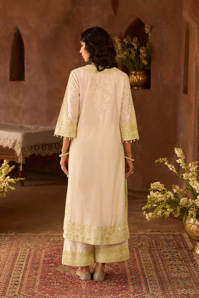 NURVI - DAISY IVORY WITH MINT GREEN LONG A-LINE KURTA WITH PALAZZO AND DUPATTA