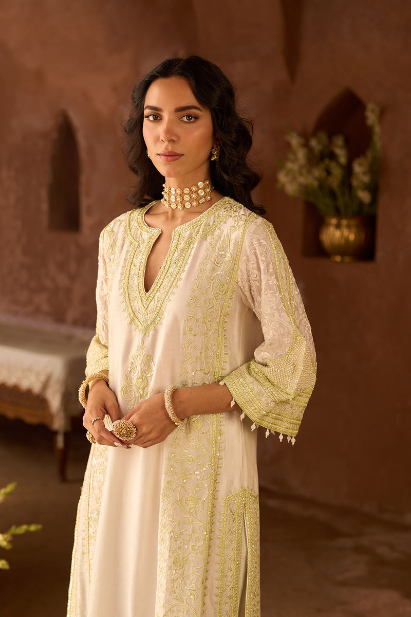 NURVI - DAISY IVORY WITH MINT GREEN LONG A-LINE KURTA WITH PALAZZO AND DUPATTA