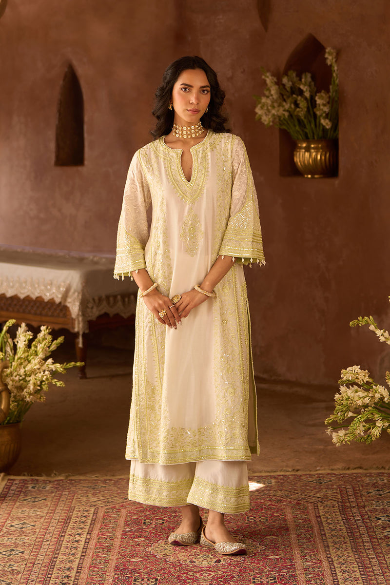 NURVI - DAISY IVORY WITH MINT GREEN LONG A-LINE KURTA WITH PALAZZO AND DUPATTA