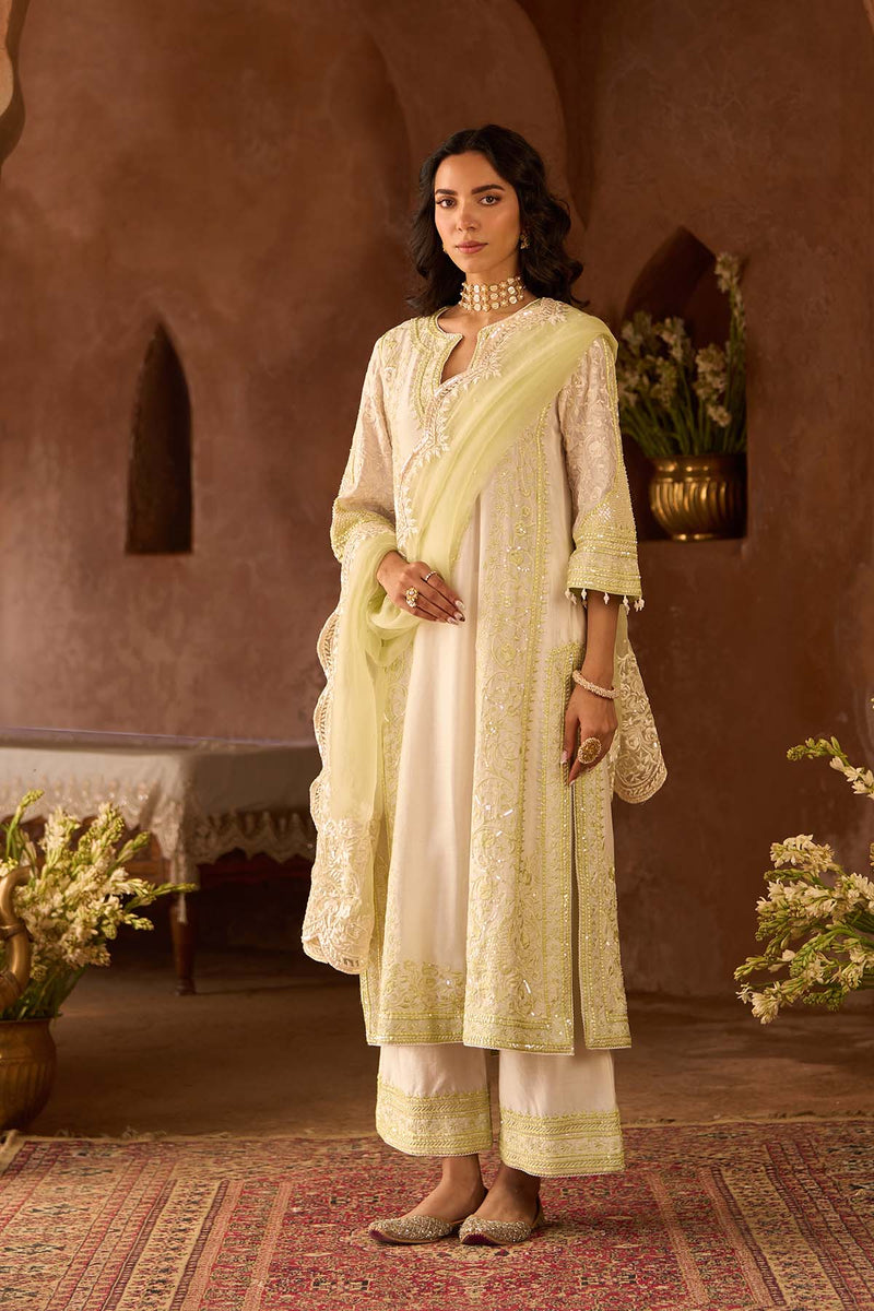 NURVI - DAISY IVORY WITH MINT GREEN LONG A-LINE KURTA WITH PALAZZO AND DUPATTA