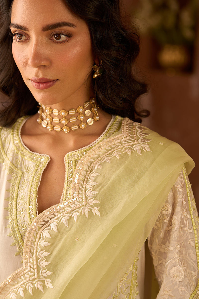 NURVI - DAISY IVORY WITH MINT GREEN LONG A-LINE KURTA WITH PALAZZO AND DUPATTA