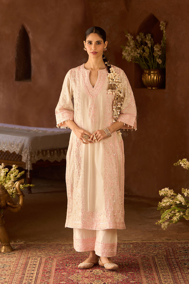 NURVI - DAISY IVORY WITH PINK LONG A-LINE KURTA WITH PALAZZO AND DUPATTA