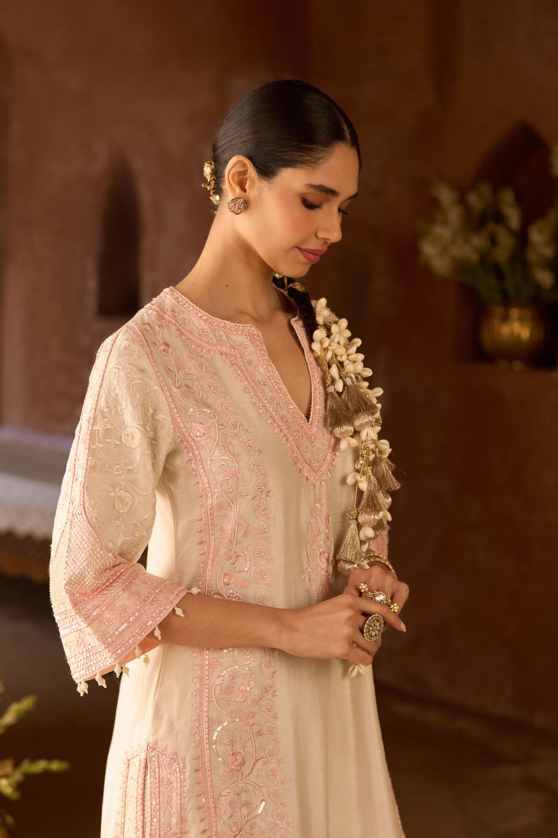 NURVI - DAISY IVORY WITH PINK LONG A-LINE KURTA WITH PALAZZO AND DUPATTA