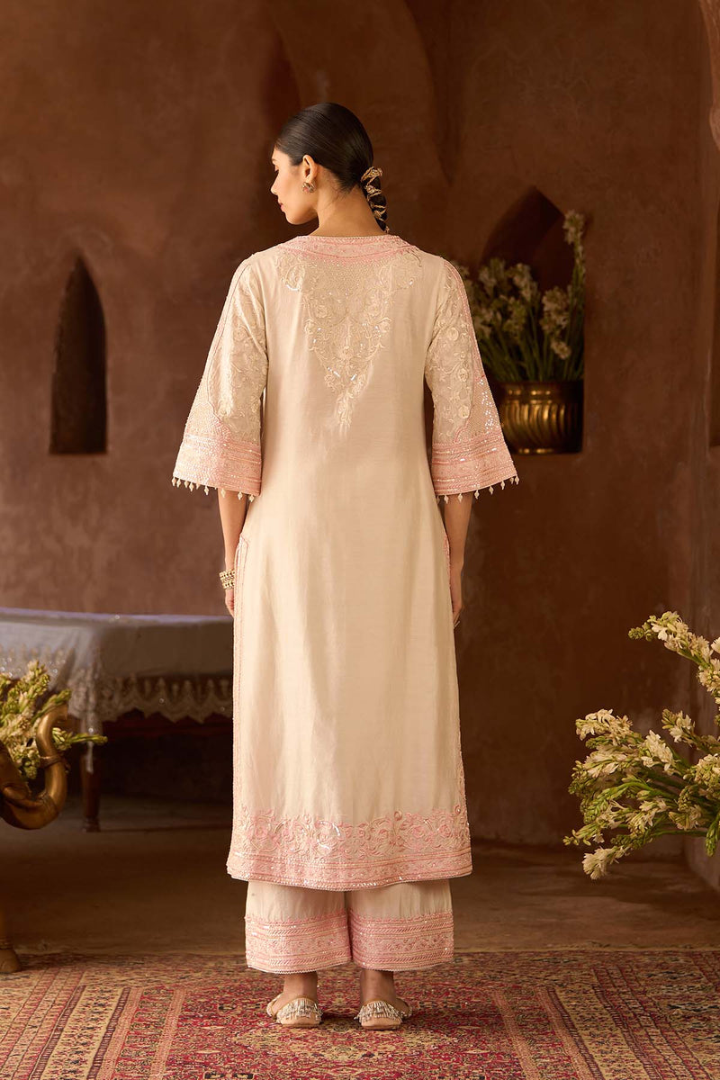NURVI - DAISY IVORY WITH PINK LONG A-LINE KURTA WITH PALAZZO AND DUPATTA