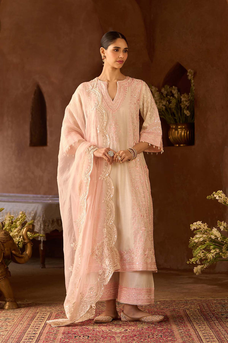 NURVI - DAISY IVORY WITH PINK LONG A-LINE KURTA WITH PALAZZO AND DUPATTA