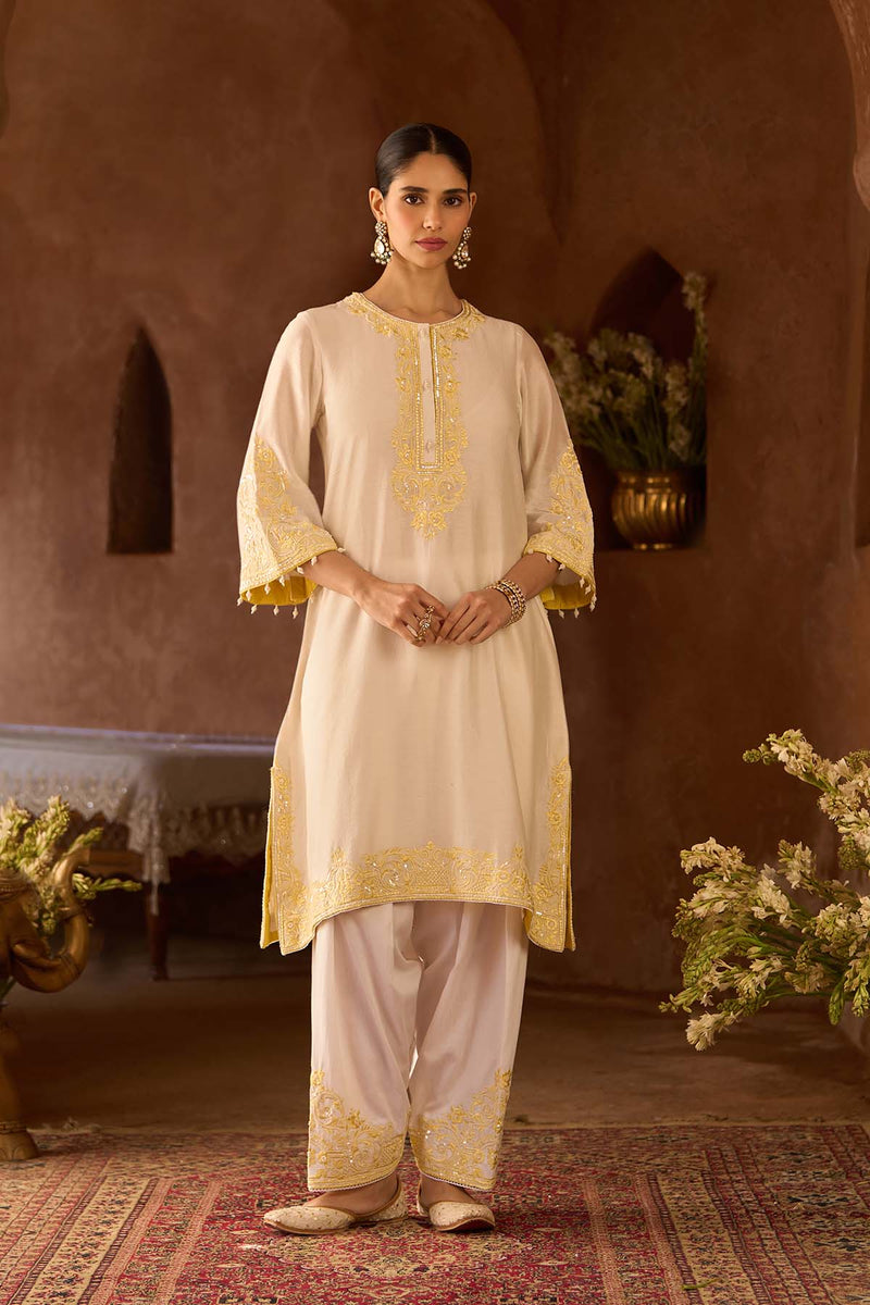 HANI - DAISY IVORY WITH LEMON YELLOW A-LINE KURTA WITH SALWAR AND DUPATTA