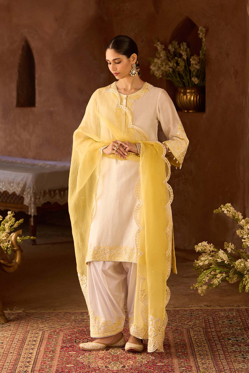 HANI - DAISY IVORY WITH LEMON YELLOW A-LINE KURTA WITH SALWAR AND DUPATTA
