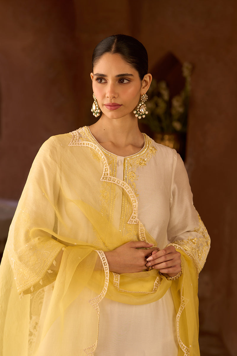 HANI - DAISY IVORY WITH LEMON YELLOW A-LINE KURTA WITH SALWAR AND DUPATTA