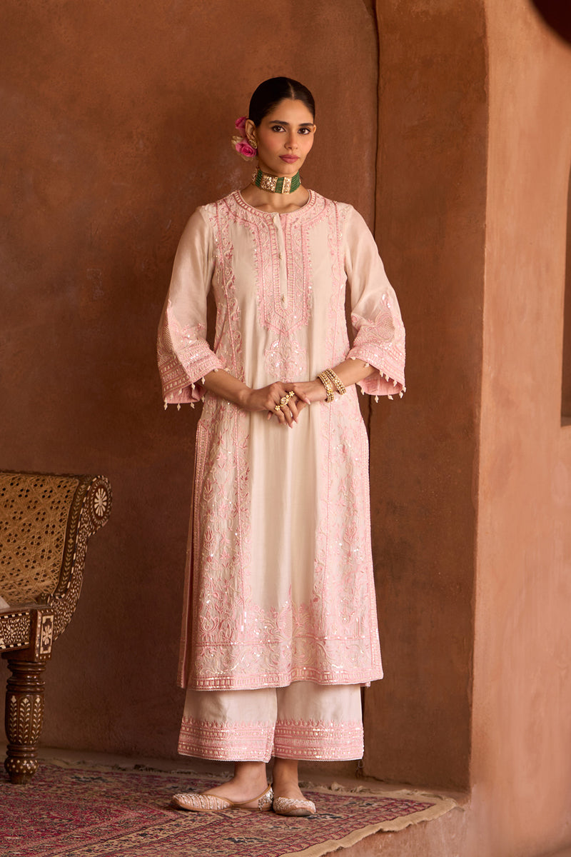 ENA - DAISY IVORY WITH PINK LONG A-LINE KURTA WITH PALAZZO AND DUPATTA