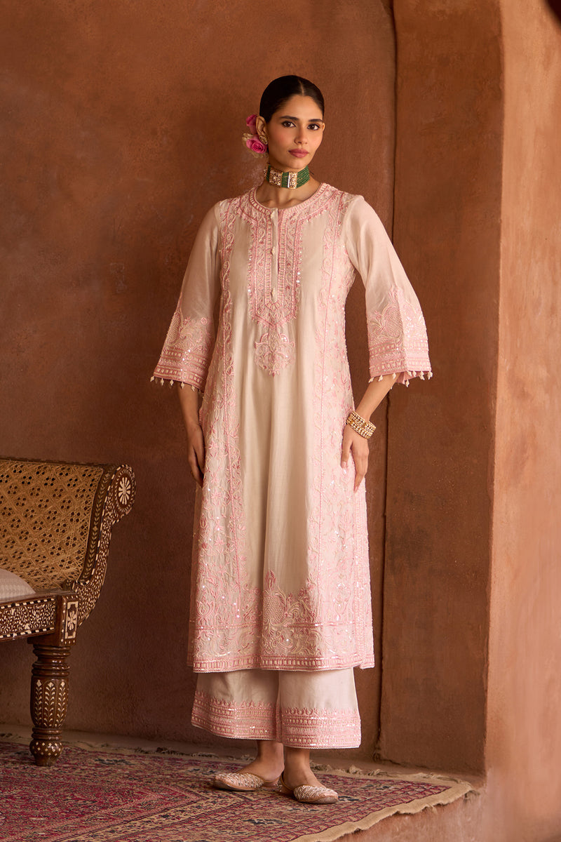 ENA - DAISY IVORY WITH PINK LONG A-LINE KURTA WITH PALAZZO AND DUPATTA