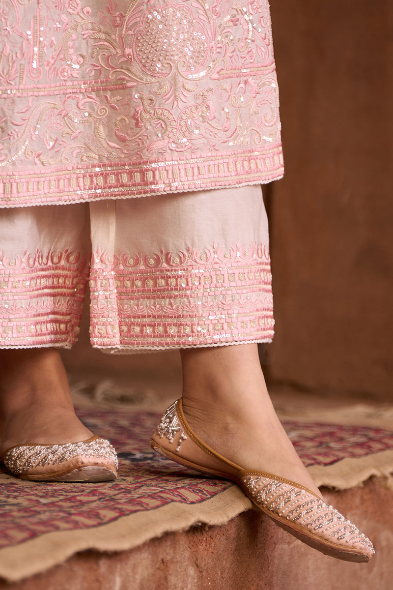 ENA - DAISY IVORY WITH PINK LONG A-LINE KURTA WITH PALAZZO AND DUPATTA