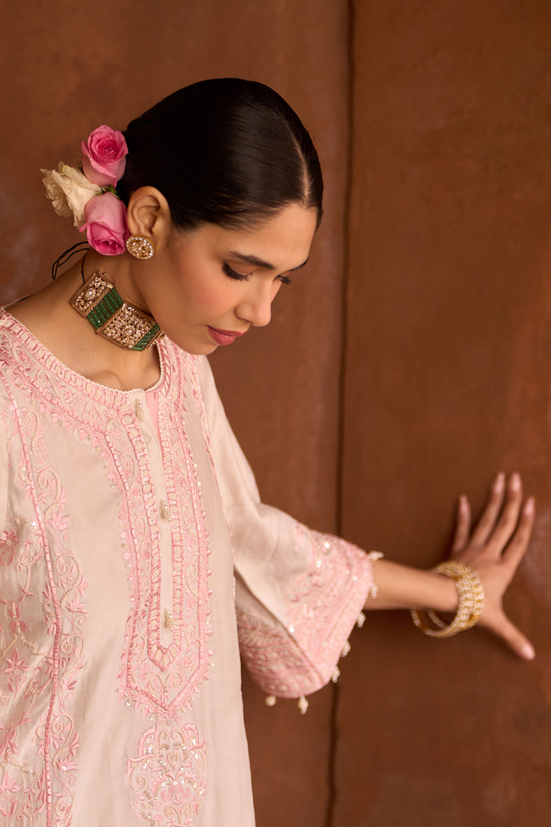 ENA - DAISY IVORY WITH PINK LONG A-LINE KURTA WITH PALAZZO AND DUPATTA
