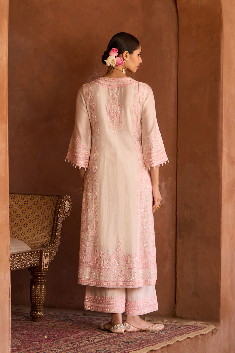 ENA - DAISY IVORY WITH PINK LONG A-LINE KURTA WITH PALAZZO AND DUPATTA