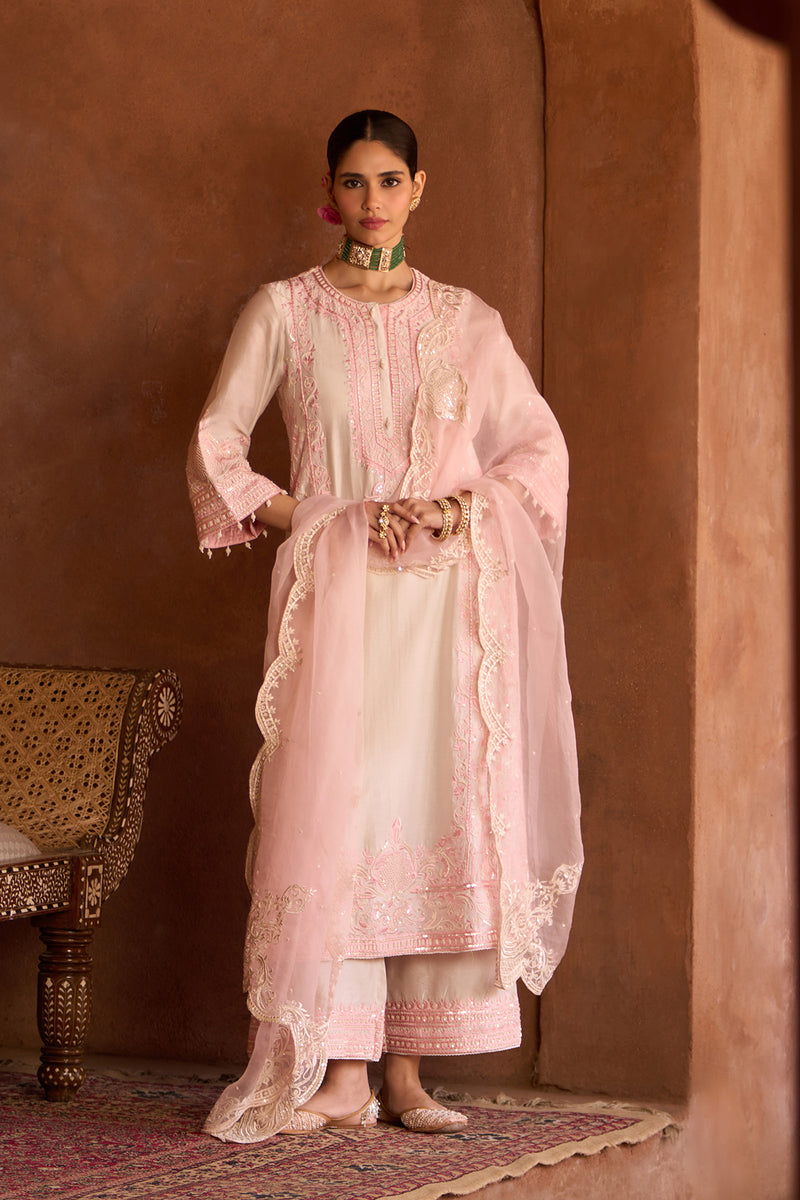 ENA - DAISY IVORY WITH PINK LONG A-LINE KURTA WITH PALAZZO AND DUPATTA