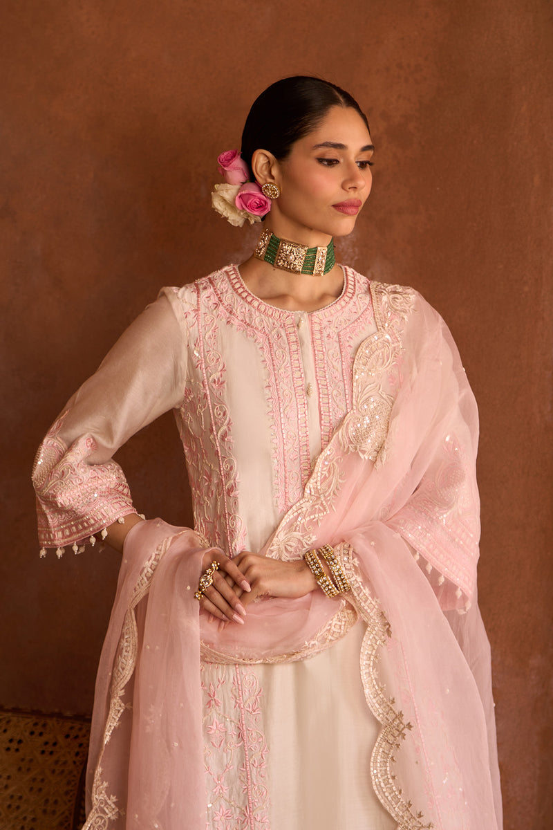 ENA - DAISY IVORY WITH PINK LONG A-LINE KURTA WITH PALAZZO AND DUPATTA