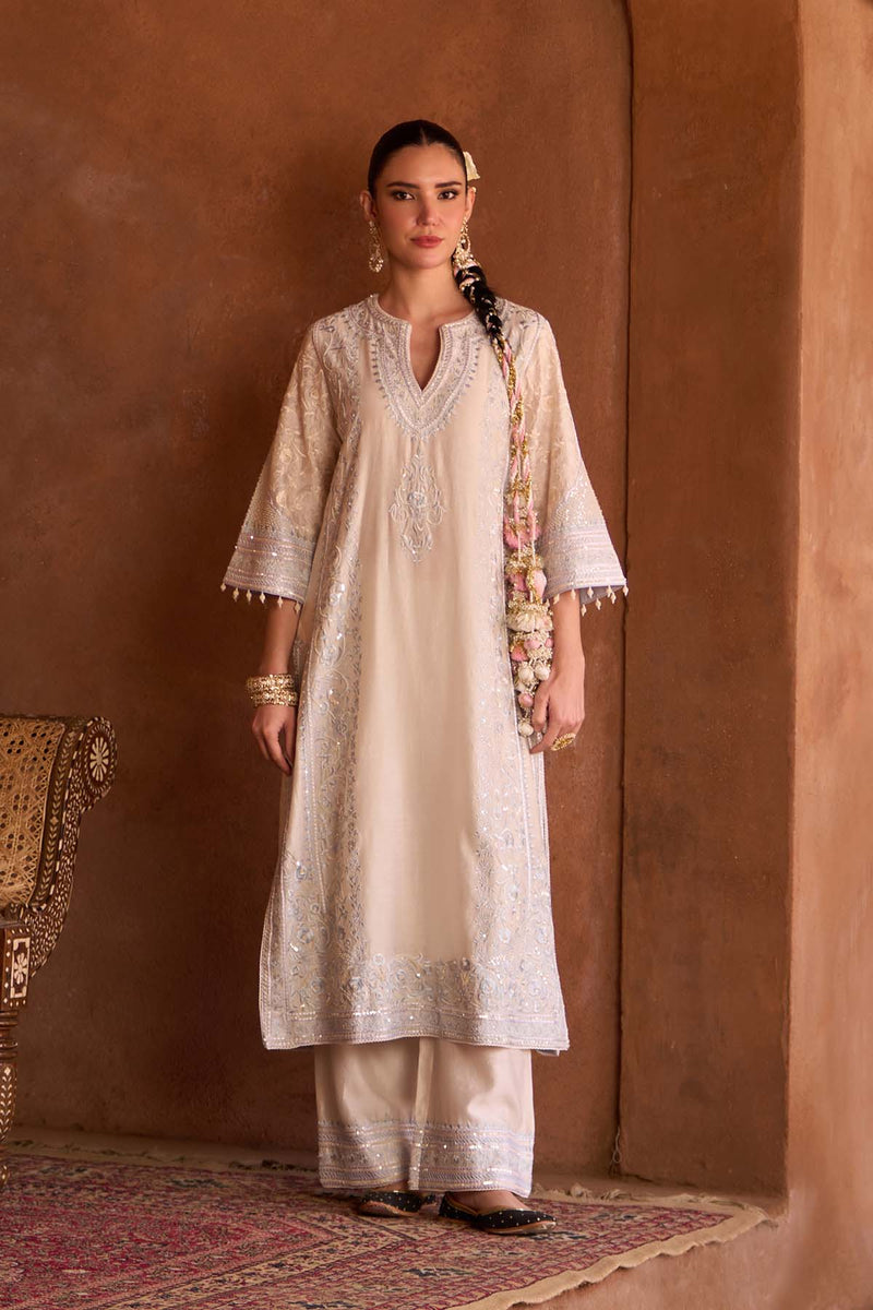 NURVI - DAISY IVORY WITH BLUE LONG A-LINE KURTA WITH PALAZZO AND DUPATTA