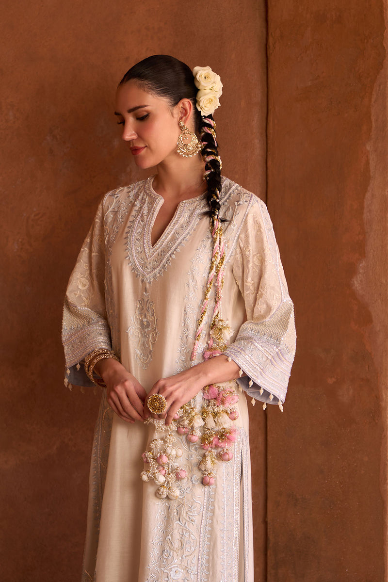NURVI - DAISY IVORY WITH BLUE LONG A-LINE KURTA WITH PALAZZO AND DUPATTA