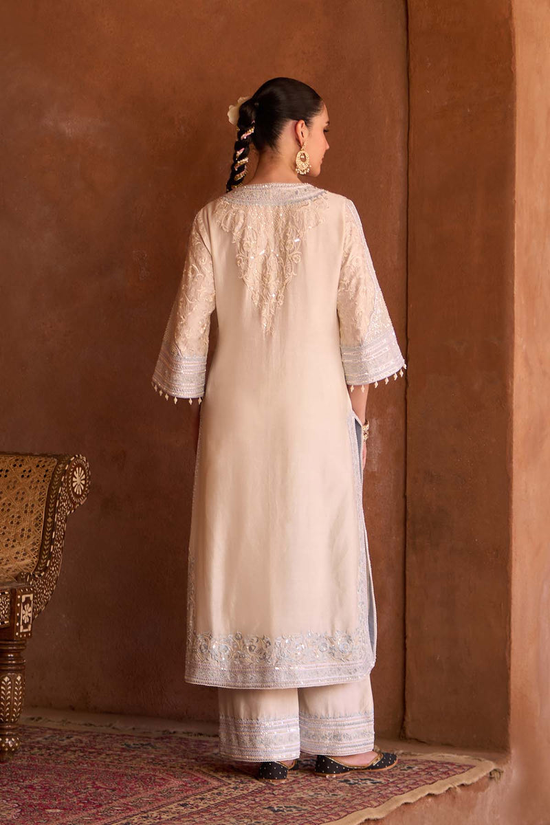 NURVI - DAISY IVORY WITH BLUE LONG A-LINE KURTA WITH PALAZZO AND DUPATTA
