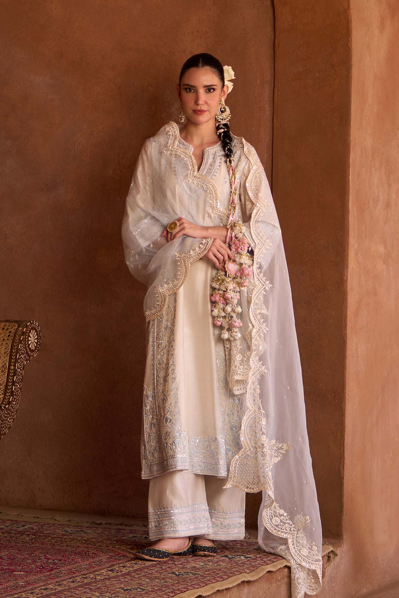 NURVI - DAISY IVORY WITH BLUE LONG A-LINE KURTA WITH PALAZZO AND DUPATTA