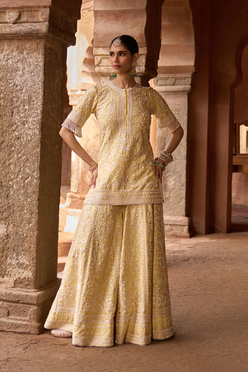 HEER - LEMON YELLOW SHORT KURTA WITH SHARARA AND DUPATTA