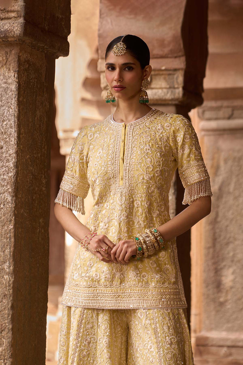 HEER - LEMON YELLOW SHORT KURTA WITH SHARARA AND DUPATTA