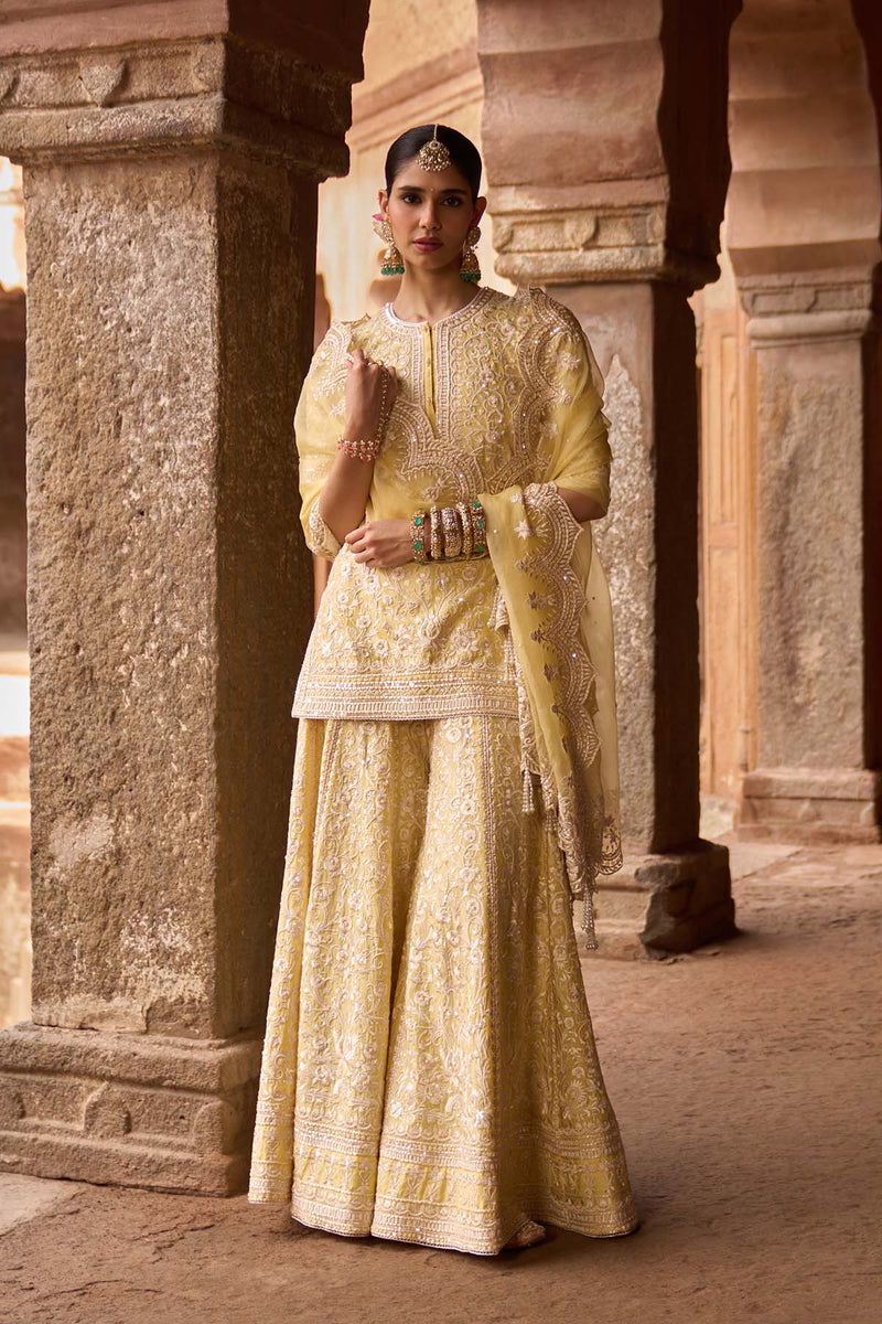 HEER - LEMON YELLOW SHORT KURTA WITH SHARARA AND DUPATTA