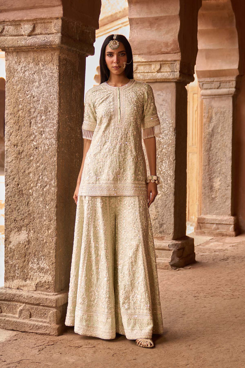 HEER - MINT GREEN SHORT KURTA WITH SHARARA AND DUPATTA