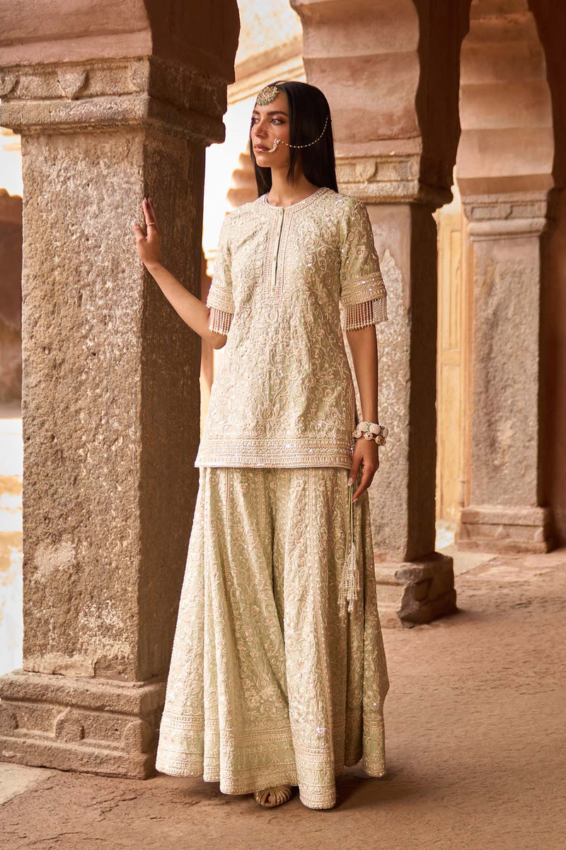 HEER - MINT GREEN SHORT KURTA WITH SHARARA AND DUPATTA