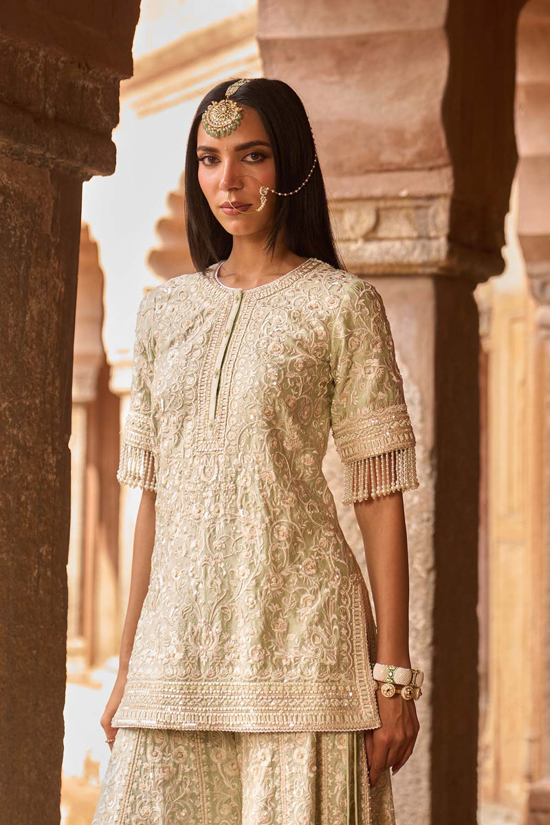 HEER - MINT GREEN SHORT KURTA WITH SHARARA AND DUPATTA
