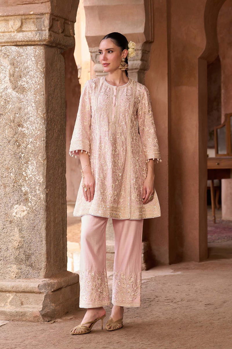 SABOOR - PINK SHORT A-LINE KURTA WITH STRAIGHT PANTS AND DUPATTA