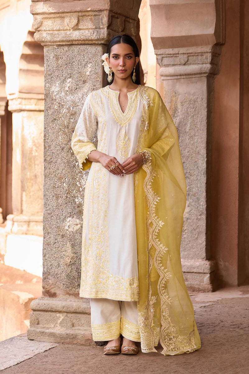 NURVI - DAISY IVORY WITH LEMON YELLOW LONG A-LINE KURTA WITH PALAZZO AND DUPATTA