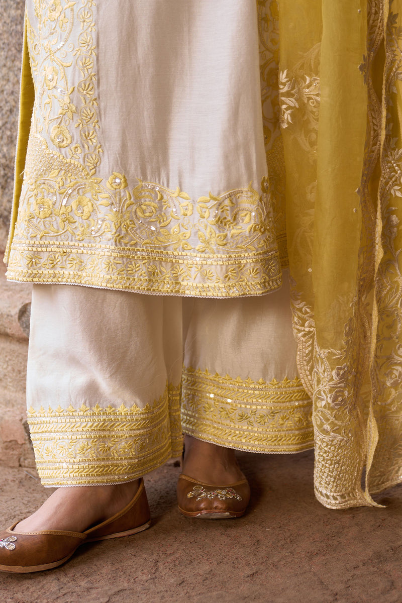 NURVI - DAISY IVORY WITH LEMON YELLOW LONG A-LINE KURTA WITH PALAZZO AND DUPATTA