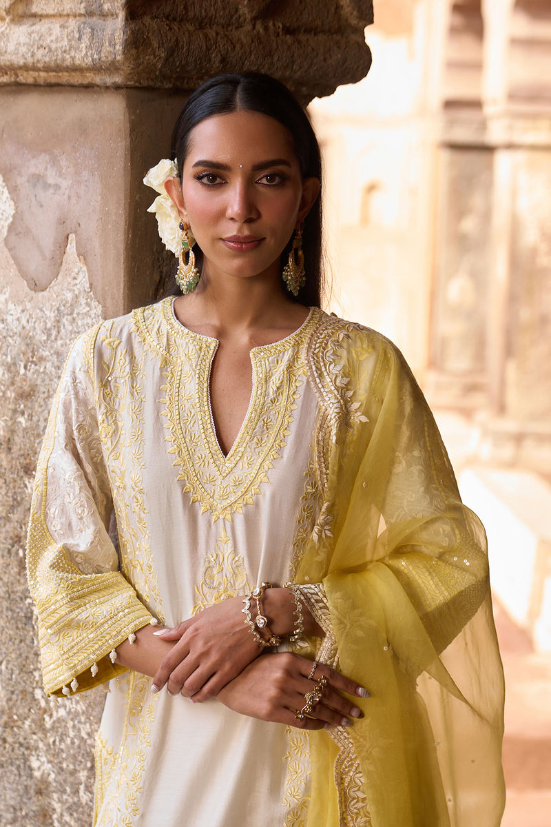 NURVI - DAISY IVORY WITH LEMON YELLOW LONG A-LINE KURTA WITH PALAZZO AND DUPATTA
