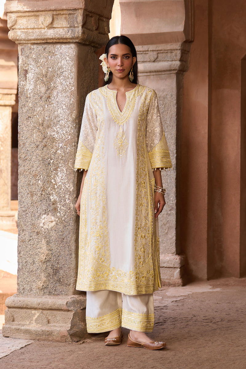 NURVI - DAISY IVORY WITH LEMON YELLOW LONG A-LINE KURTA WITH PALAZZO AND DUPATTA